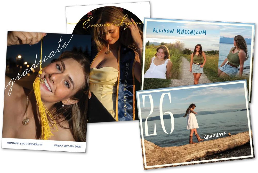 Four custom graduation cards made from Sarah's senior sessions